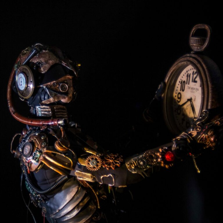 Robot holding clock in the dark